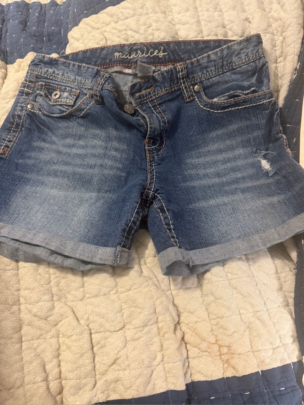 Maurices women’s 11/12 denim shorts featuring beautiful embroidered back pockets
